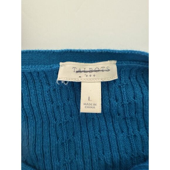 Talbots Cable Knit Sweater Lightweight V Neck Teal Blue Cotton Knit Preppy Large - Picture 11 of 16